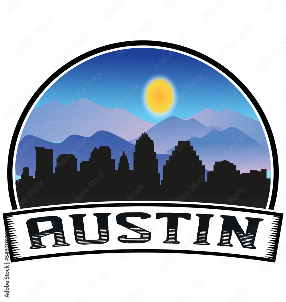 Austin Texas USA Skyline Sunset Travel Souvenir Sticker Logo Badge Stamp Emblem Coat of Arms Vector Illustration EPS