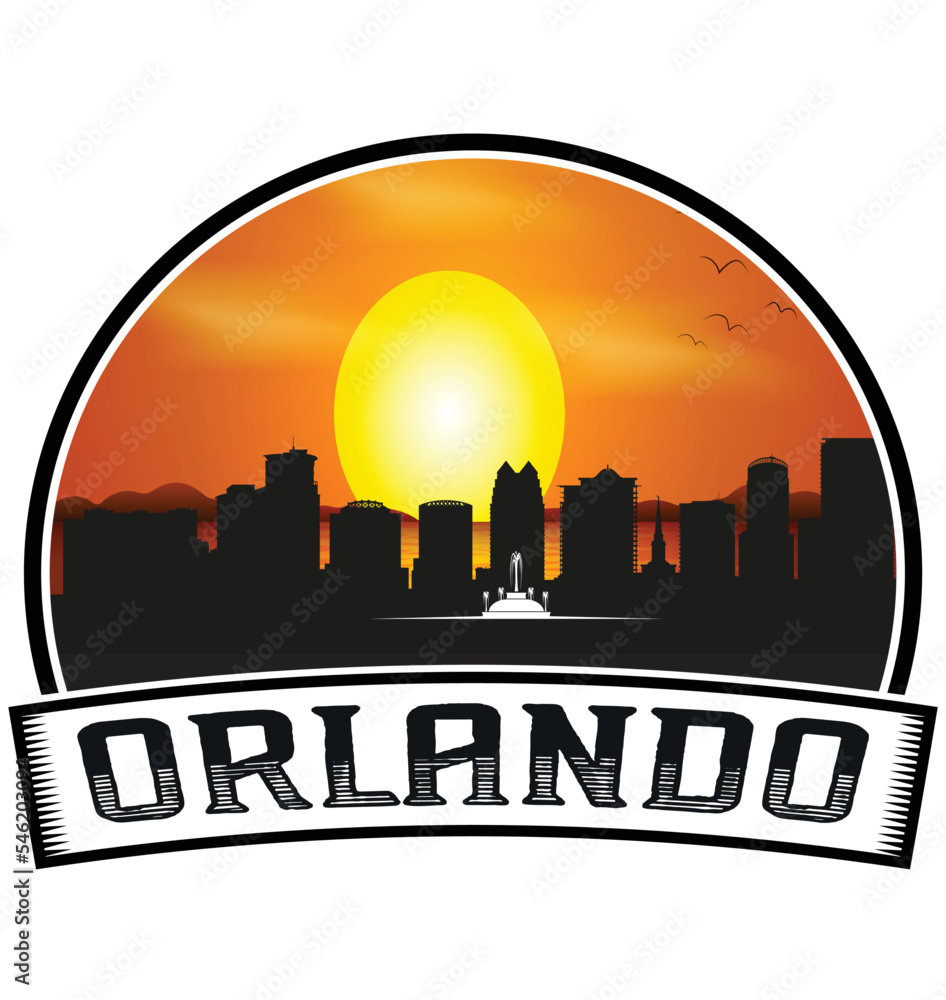 Orlando Florida USA Skyline Sunset Travel Souvenir Sticker Logo Badge Stamp Emblem Coat of Arms Vector Illustration EPS