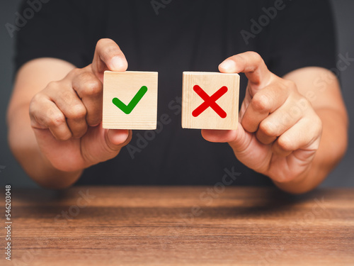 Yes or No. Hand holding two wooden cubes with a green checkmark and red cross