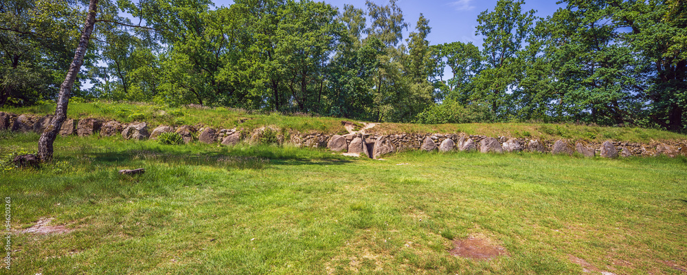 Fototapeta premium Panorama of the largest grave on the Dolmen site 25a-c known as the Kleinenkneter Stones in Wildeshausen