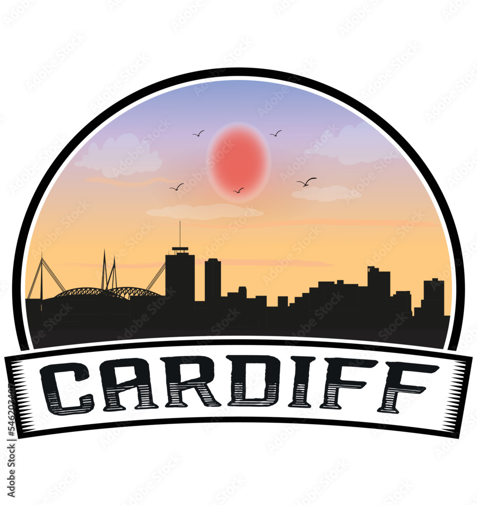 Cardiff Wales Skyline Sunset Travel Souvenir Sticker Logo Badge Stamp Emblem Coat of Arms Vector Illustration EPS