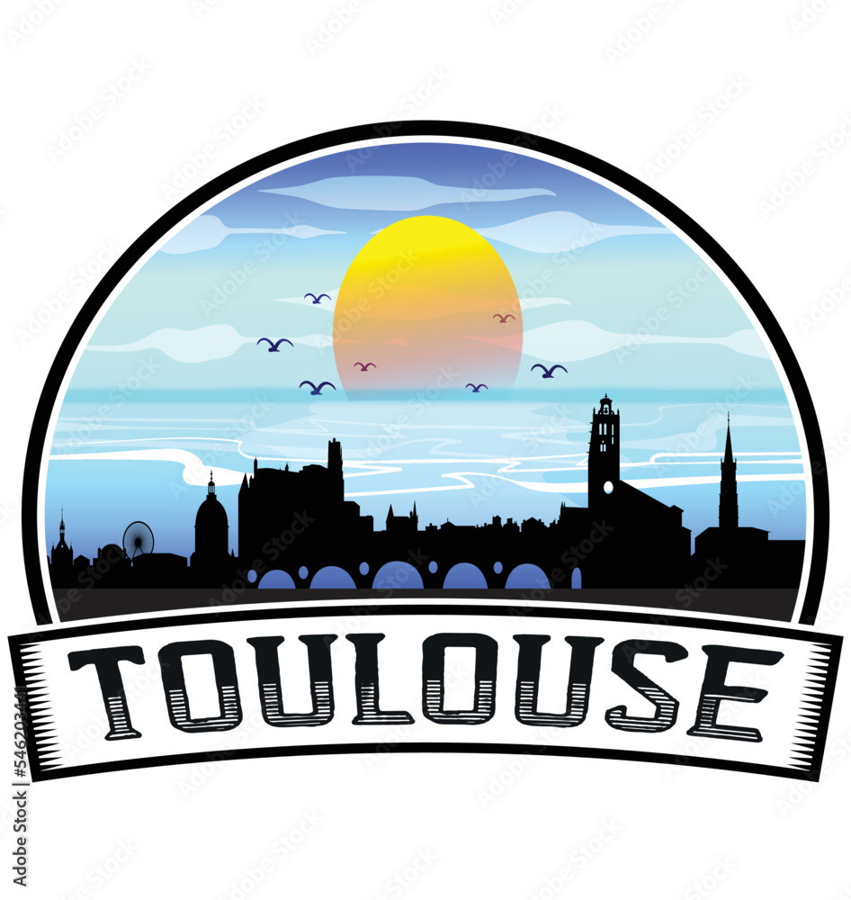Toulouse France Skyline Sunset Travel Souvenir Sticker Logo Badge Stamp Emblem Coat of Arms Vector Illustration EPS