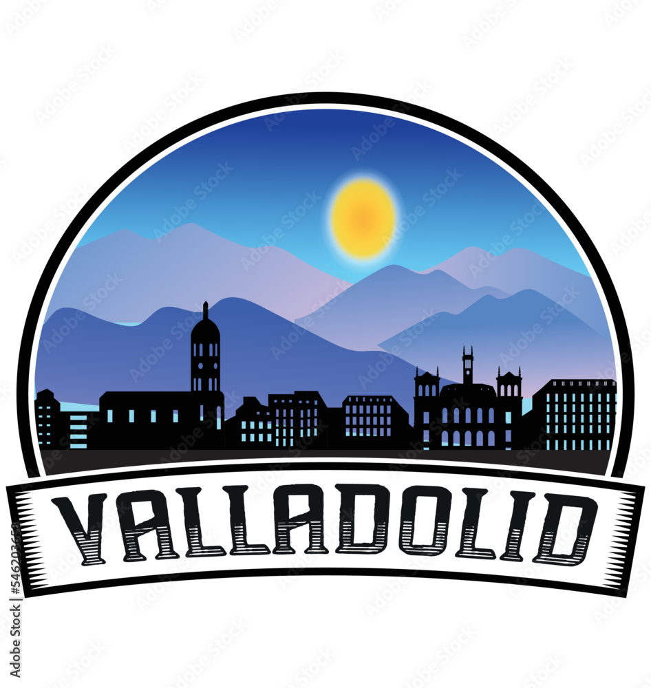 Valladolid Spain Skyline Sunset Travel Souvenir Sticker Logo Badge Stamp Emblem Coat of Arms Vector Illustration EPS