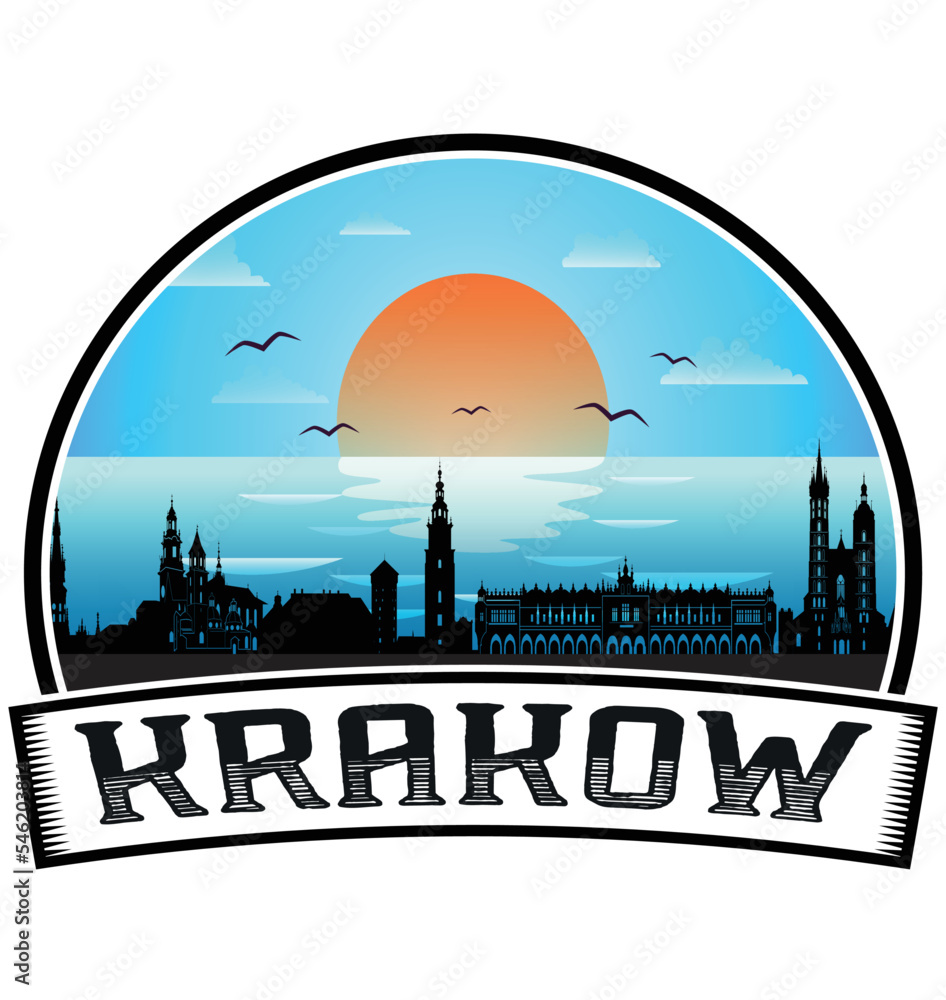 Krakow Poland Skyline Sunset Travel Souvenir Sticker Logo Badge Stamp Emblem Coat of Arms Vector Illustration EPS