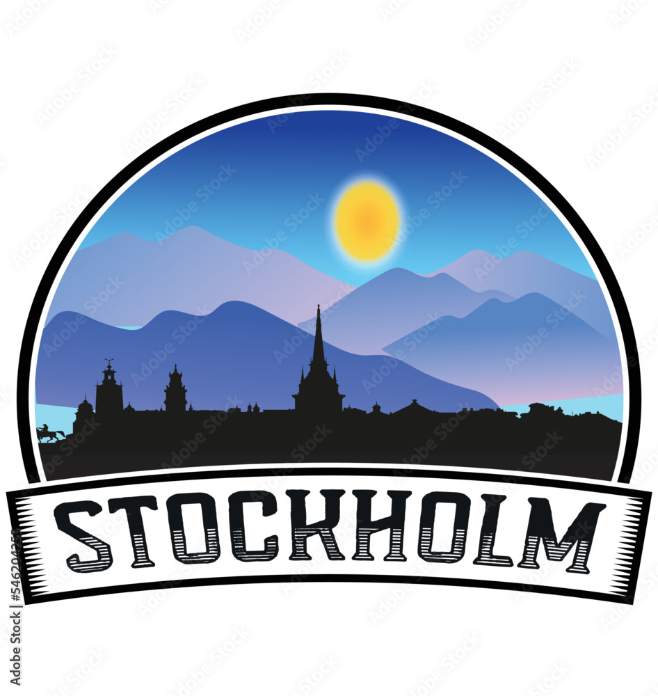 Stockholm Sweden Skyline Sunset Travel Souvenir Sticker Logo Badge Stamp Emblem Coat of Arms Vector Illustration EPS