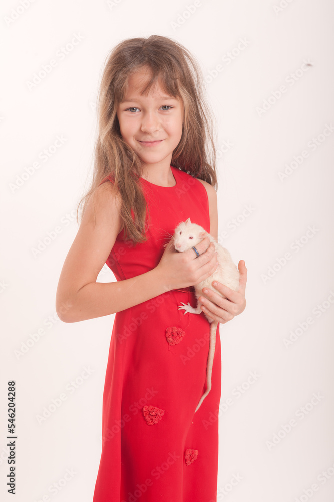 studio portrait of a girl in a dress with a rat studio portrait of a girl in a dress with a rat