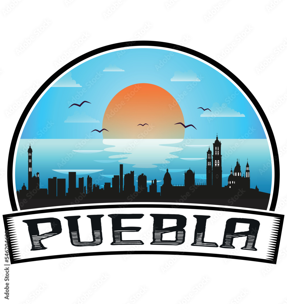 Puebla Mexico Skyline Sunset Travel Souvenir Sticker Logo Badge Stamp Emblem Coat of Arms Vector Illustration EPS