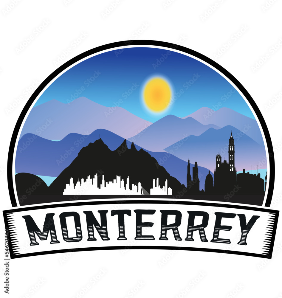 Monterrey Mexico Skyline Sunset Travel Souvenir Sticker Logo Badge Stamp Emblem Coat of Arms Vector Illustration EPS