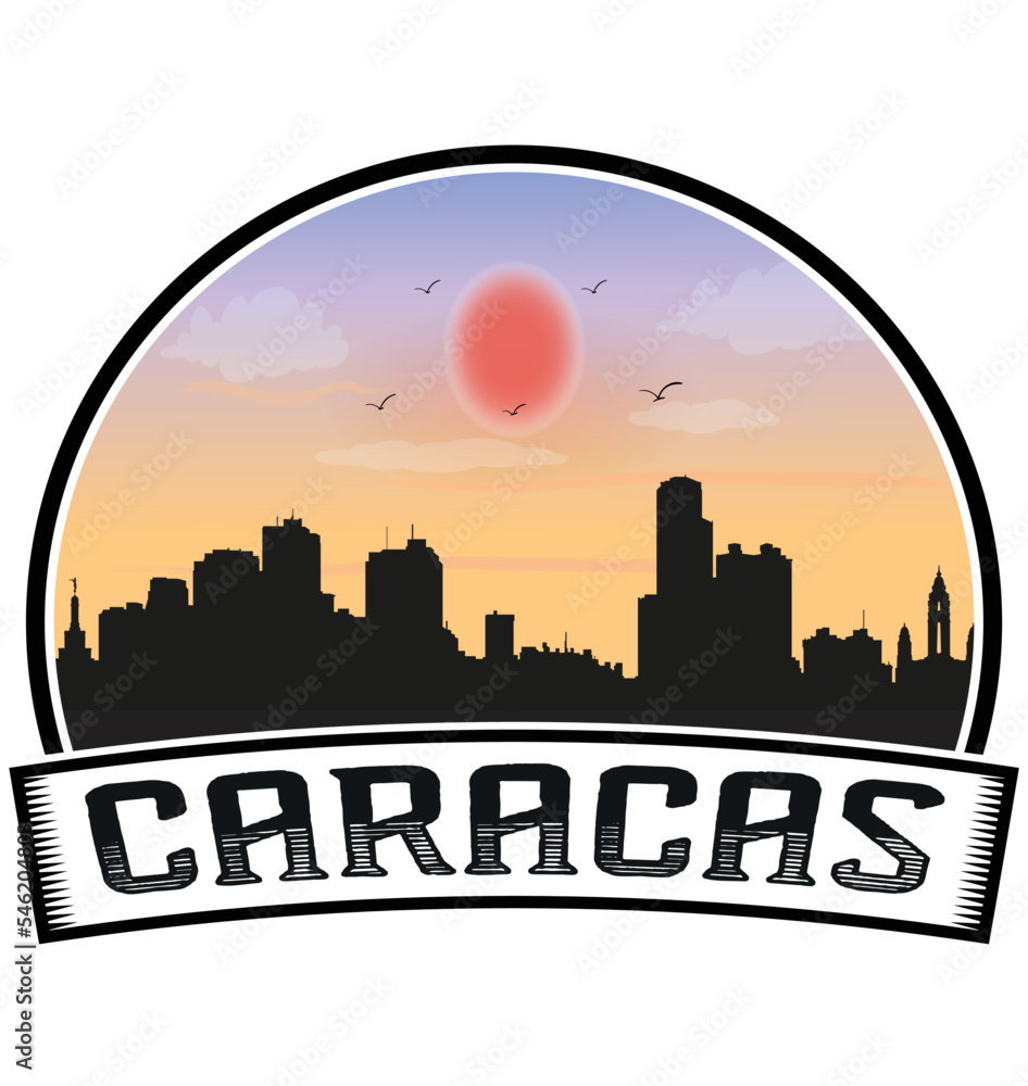 Caracas Venezuela Skyline Sunset Travel Souvenir Sticker Logo Badge Stamp Emblem Coat of Arms Vector Illustration EPS