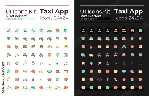 Taxi service pixel perfect RGB color ui icons set for dark, light mode. Urban transport. GUI, UX design for mobile app. Vector isolated pictograms. Editable stroke. Montserrat Bold, Light fonts used