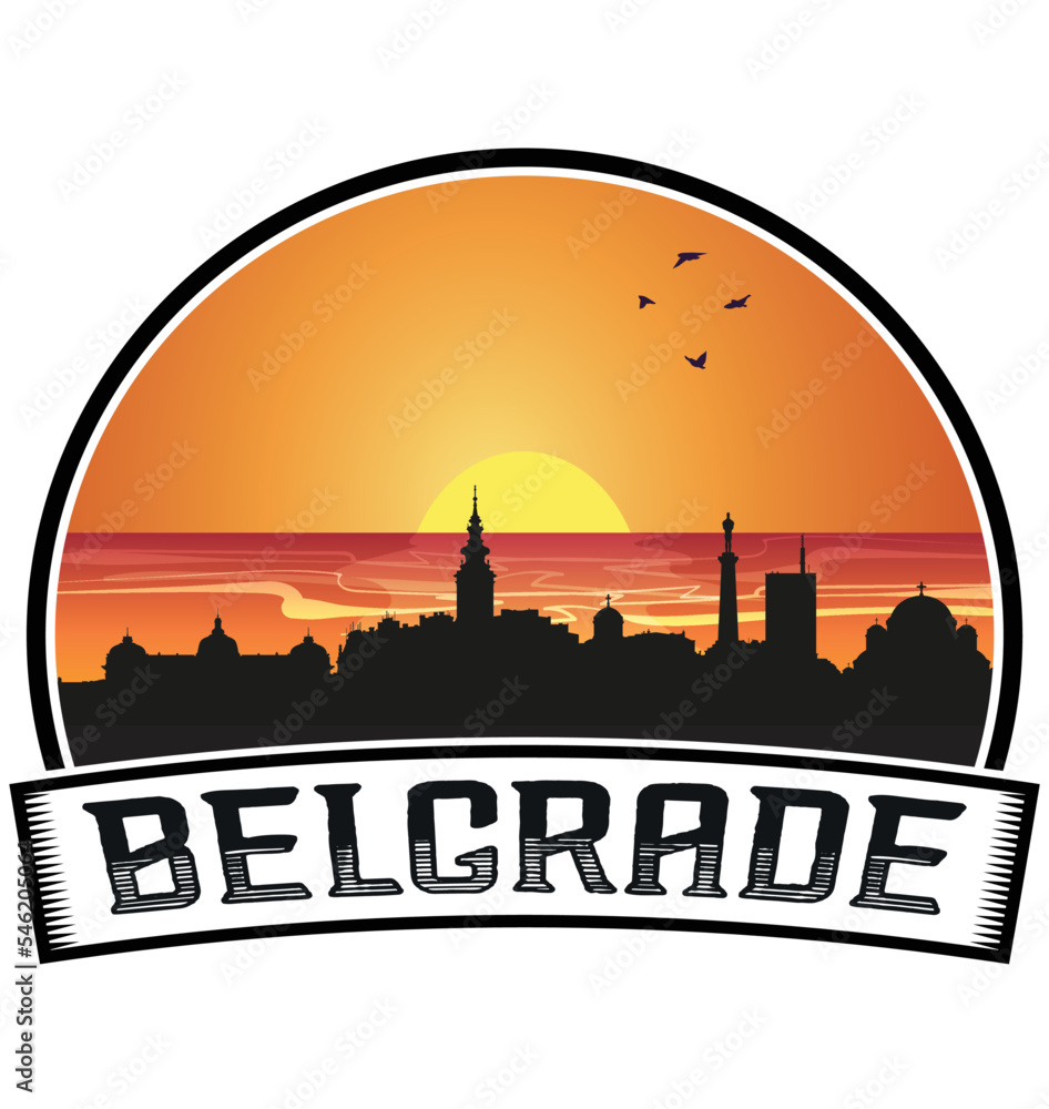 Belgrade Serbia Skyline Sunset Travel Souvenir Sticker Logo Badge Stamp Emblem Coat of Arms Vector Illustration EPS