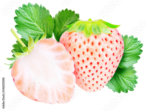 Fresh Pink strawberries on white background, Pine berry or Hula strawberry on white PNG File. photo