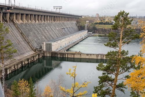 Russia Irkutsk region Bratsk 29.09.2022 The Bratsk Hydroelectric Power Station. A dam on theAngara River and adjacent hydroelectric power station