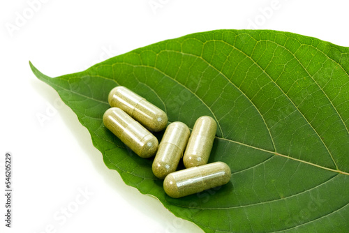 Fresh green Kratom leaves and natural herbal medicine powder capsules isolated on white background