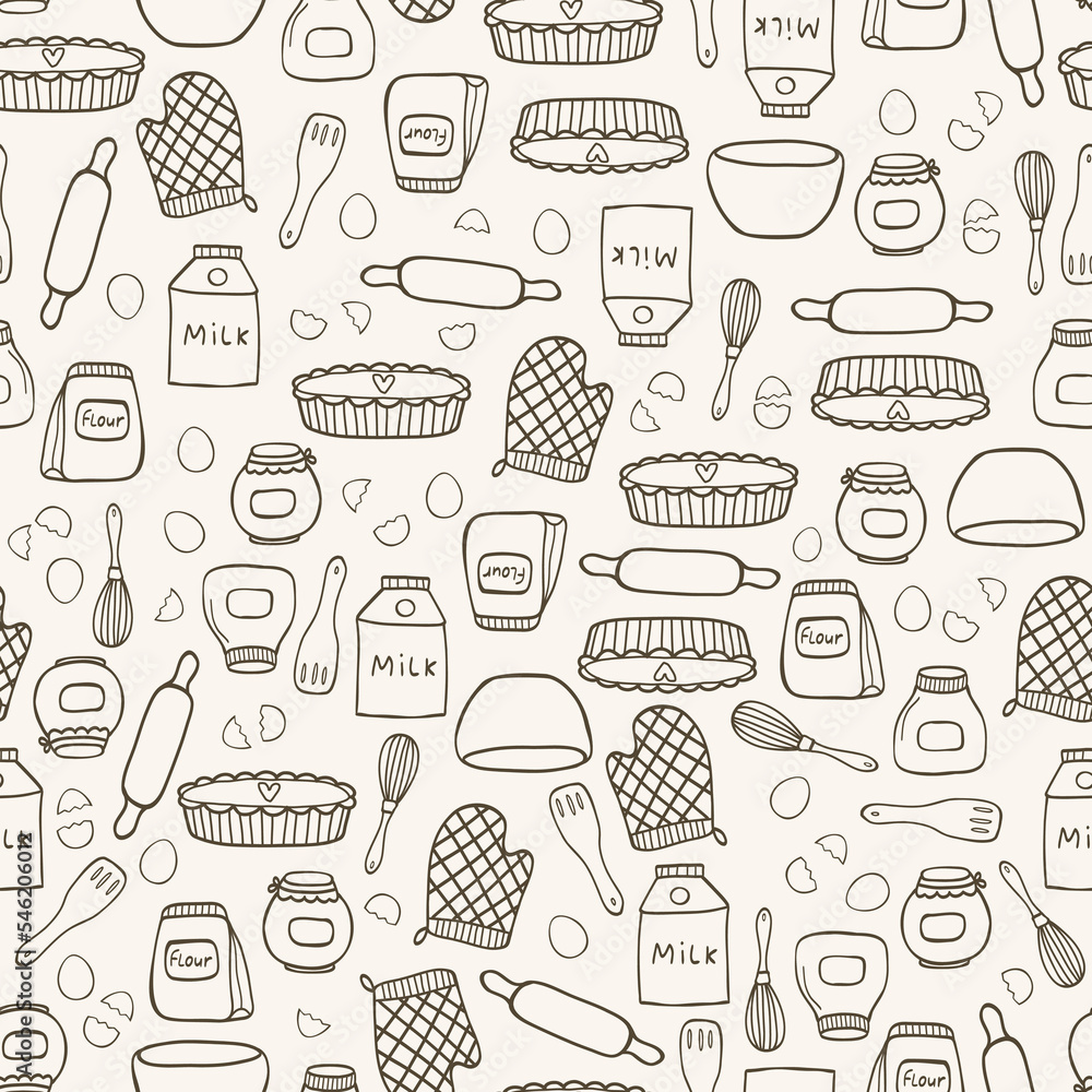 Vector seamless pattern with hand drawn food and kitchen items in doodle style on beige background. For fabric, kitchen textile, towel print, cover of cooking book, packaging design, template labels.