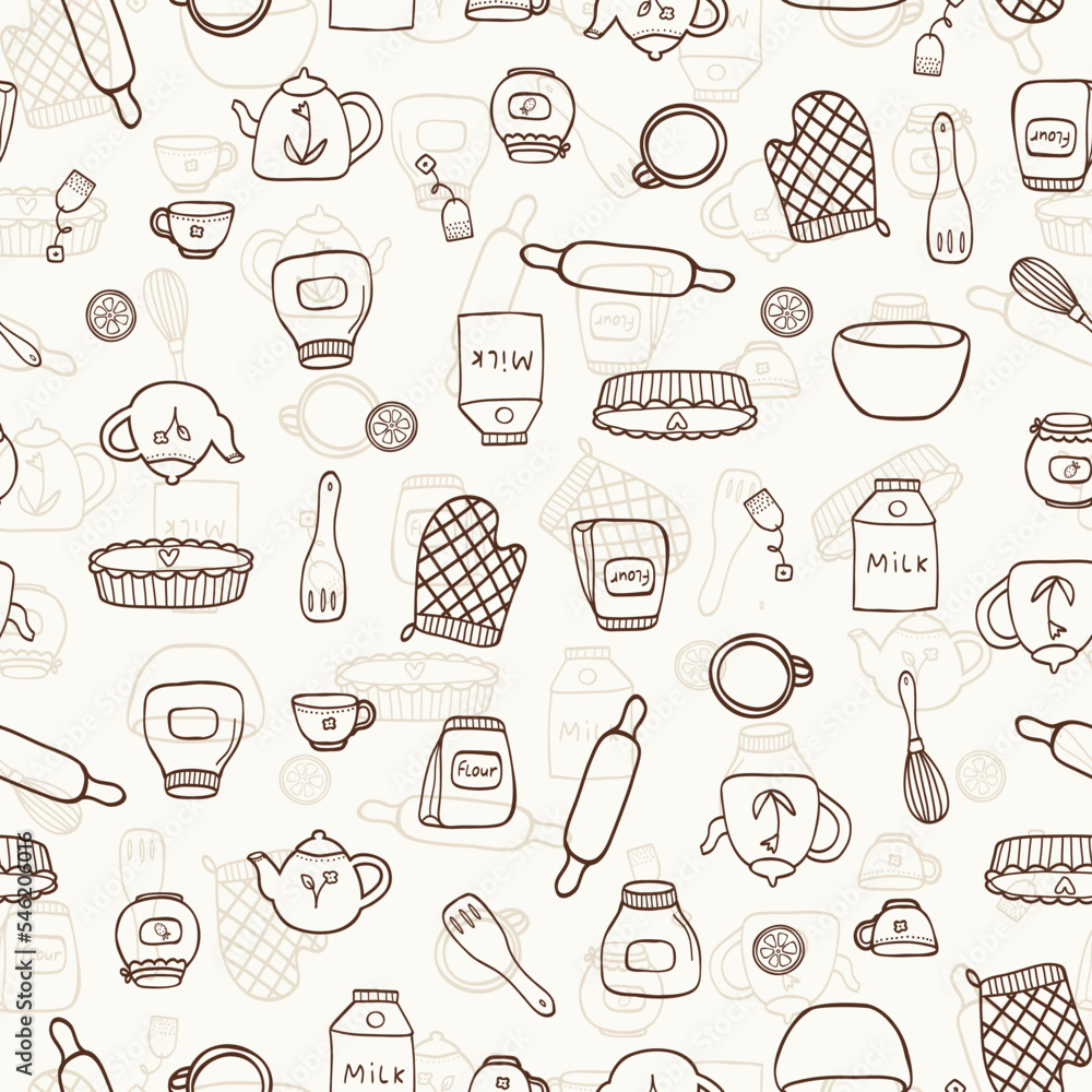 Vector seamless pattern with hand drawn food and kitchen items in doodle style. For home, kitchen textile, decoration, towel print, cover of cooking book, packaging design, template labels, gift paper