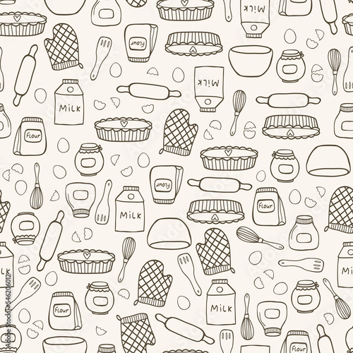 Vector seamless pattern with hand drawn food and kitchen items in doodle style on beige background. For fabric  kitchen textile  towel print  cover of cooking book  packaging design  template labels.