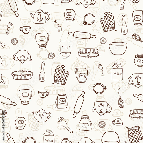 Vector seamless pattern with hand drawn food and kitchen items in doodle style. For home, kitchen textile, decoration, towel print, cover of cooking book, packaging design, template labels, gift paper