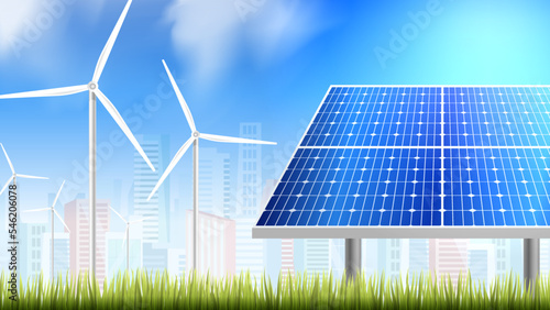 Vector Illustration of Green Energy from Renewable Sources Sun and Wind. Power plant station buildings with Solar Panels and Wind Turbines on City Skyline Urban landscape background.