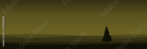 sunrise mountain with tree silhouette landscape vector illustration good for web banner, ads banner, tourism banner, wallpaper, background template, and adventure design backdrop