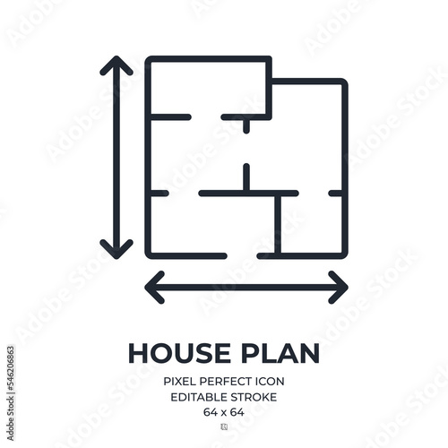 House plan editable stroke outline icon isolated on white background flat vector illustration. Pixel perfect. 64 x 64.