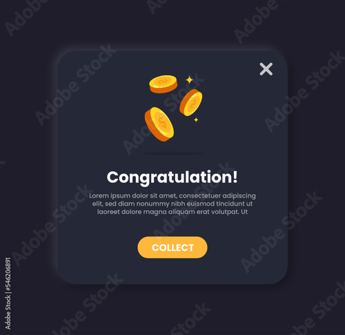 Reward pop up illustration in dark neomorphic design style. User interface element.