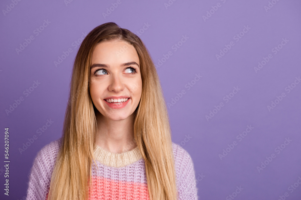 Fototapeta premium Photo of interested lady look empty space decide plan dream isolated bright color background