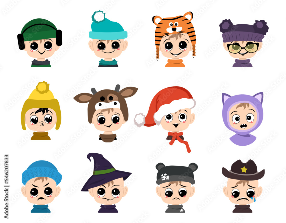 Set of children avatar with big eyes and wide smile and different emotions in hat. Cute kid with joyful or sad face in festive costume for new year and Christmas. Vector flat illustration Set of children avatar with big eyes and wide smile and different emotions in hat. Cute kid with joyful or sad face in festive costume for new year and Christmas. Vector flat illustration