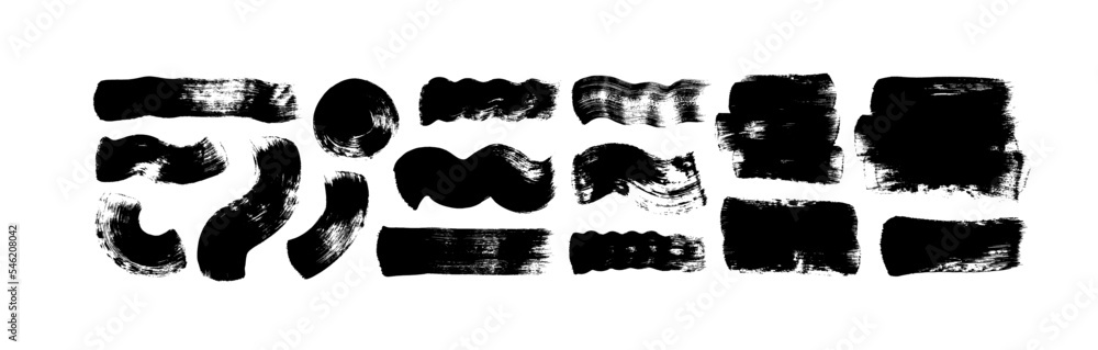Set of bold black brush strokes. Vector dirty distress texture banners. Grunge design elements isolated on white background. Wide brush strokes with scuffs. Vector black paint, irregular shapes.