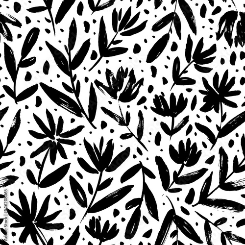 Brush flower vector seamless pattern. Hand drawn botanical ink illustration with floral motif. Chamomile, chrysanthemum and aster painted by brush. Small branches with dots and splotches.