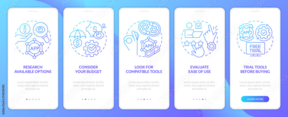 Choosing business tools factors blue gradient onboarding mobile app screen. Walkthrough 5 steps graphic instructions with linear concepts. UI, UX, GUI template. Myriad Pro-Bold, Regular fonts used