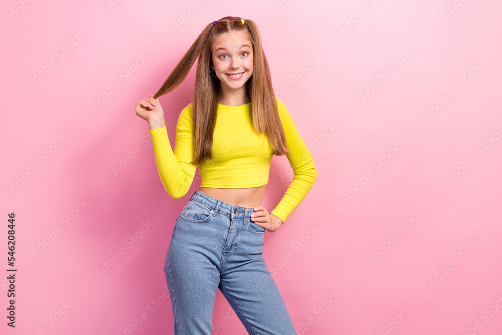 Photo of nice cute lady wear fashionable green lime color clothes stand fitting room renew wardrobe isolated on pink color background Photo of nice cute lady wear fashionable green lime color clothes stand fitting room renew wardrobe isolated on pink color background