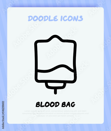Blood bag with plasma. Doodle thin line icon. Blood donation. Blood type. Vector illustration.