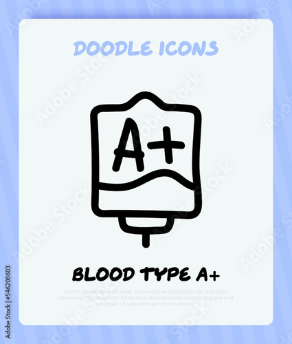 Blood bag with plasma. Doodle thin line icon. Blood donation. Blood type A+. Vector illustration.