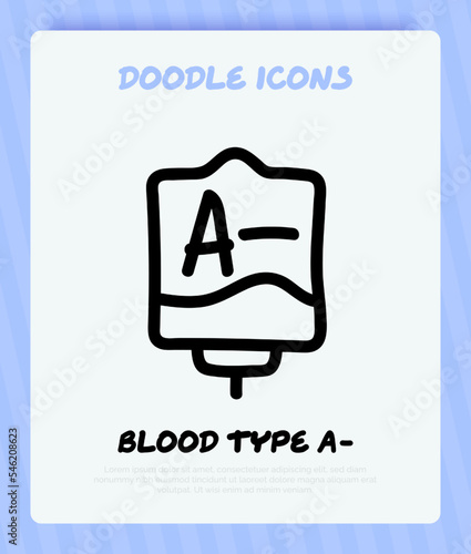Blood bag with plasma. Doodle thin line icon. Blood donation. Blood type A-. Vector illustration.