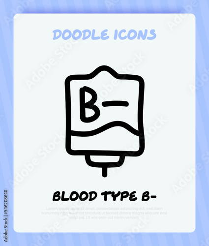 Blood bag with plasma. Doodle thin line icon. Blood donation. Blood type B-. Vector illustration.