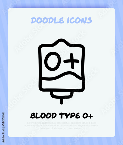 Blood bag with plasma. Doodle thin line icon. Blood donation. Blood type O+. Vector illustration.