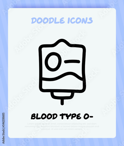 Blood bag with plasma. Doodle thin line icon. Blood donation. Blood type O-. Vector illustration.