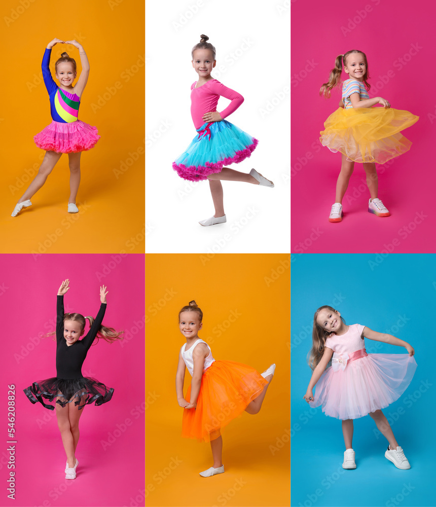 Collage with photos of cute little girl dancing on different color ...