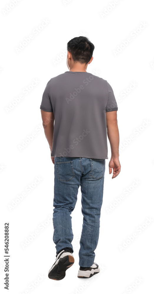 Man in casual outfit walking on white background, back view Man in casual outfit walking on white background, back view