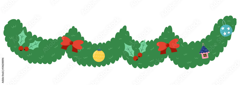 Christmas garland decor with toys, bows and mistletoe. Xmas decoration in cartoon style. Vector illustration Christmas garland decor with toys, bows and mistletoe. Xmas decoration in cartoon style. Vector illustration