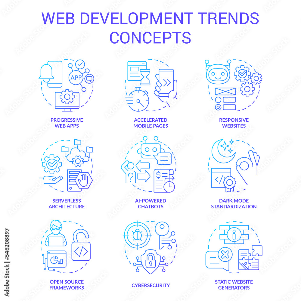 Web development trends blue gradient concept icons set. Website production. Online business future idea thin line color illustrations. Isolated symbols. Roboto-Medium, Myriad Pro-Bold fonts used
