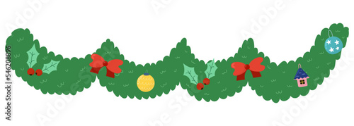 Christmas garland decor with toys, bows and mistletoe. Xmas decoration in cartoon style. Vector illustration