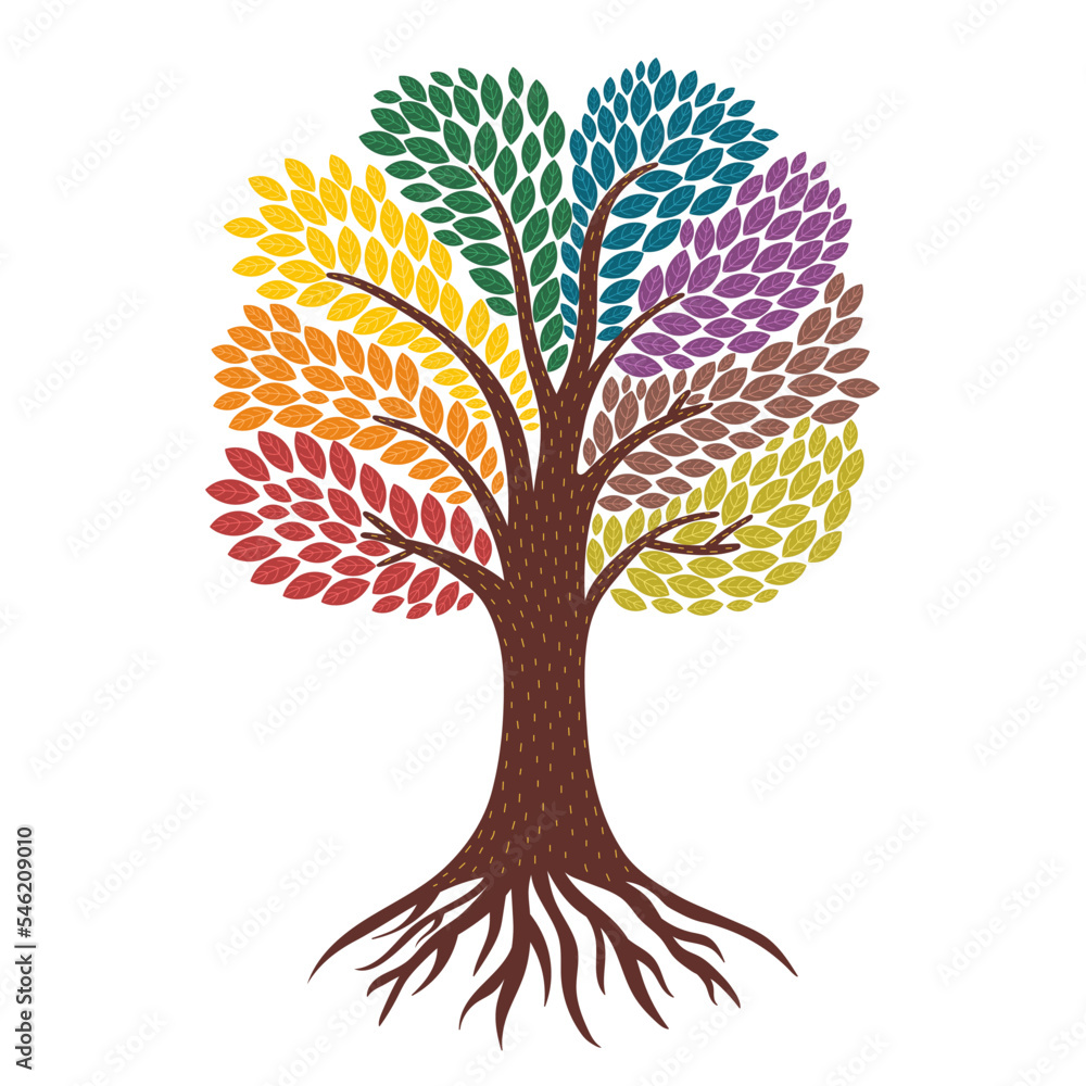 Naklejka premium Tree of life with roots and rainbow coloured leaves. Forest element in cartoon style isolated on white. Vector illustration