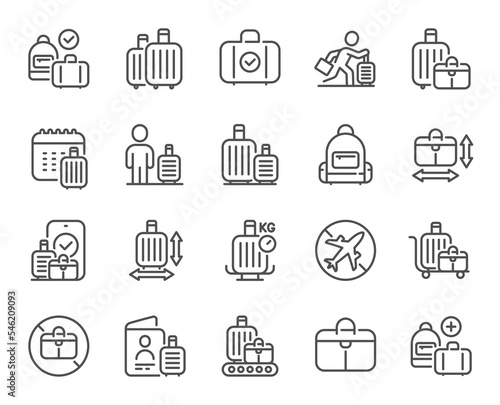 Baggage line icons. Travel bag size, Check weight and Backpack set. Airport luggage belt, handbag dimensions and baggage claim line icons. Check bag size, allowed luggage and briefcase. Vector