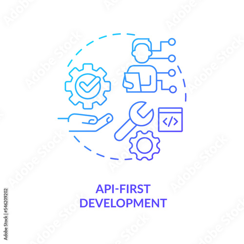 API first development blue gradient concept icon. Digital production. Future of web technologies abstract idea thin line illustration. Isolated outline drawing. Myriad Pro-Bold font used