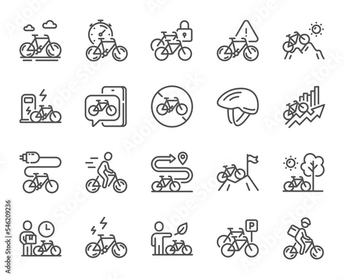 Bicycle line icons. Mountain bike, Travel bicycle and Electric transport set. City delivery, safety helmet and rent a bike line icons. Mountain sport, road transport and cyclist protection. Vector
