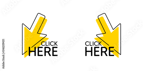 Click here with mouse cursor icon. Press internet web button. Click here button with arrow pointer symbol. Website promotion tag banner. Clicking offer design. Internet web mouse cursor. Vector