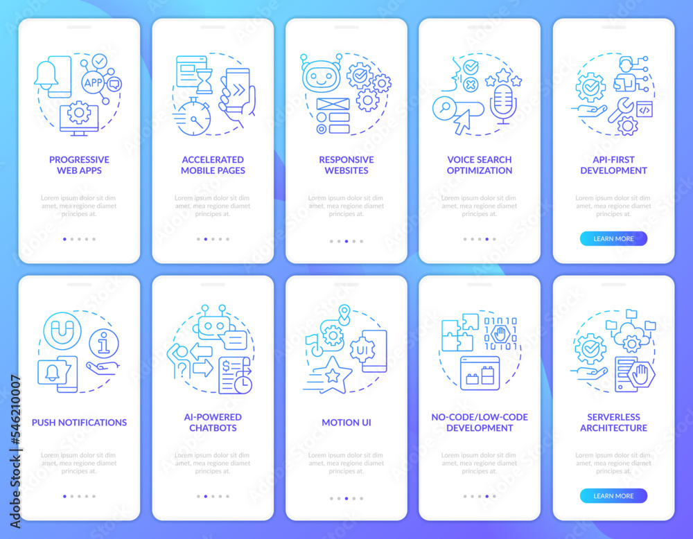 Digital technology tendency blue gradient onboarding mobile app screen set. Walkthrough 5 steps graphic instructions with linear concepts. UI, UX, GUI template. Myriad Pro-Bold, Regular fonts used