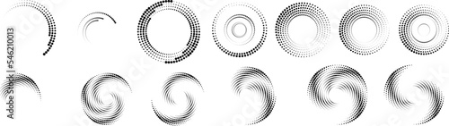 Design elements with circular halftone dots. Vector rotating dotted circles design . Half tones collection . Concentric circles for posters, social media, promotion,  flyer, covers .Dotted frames